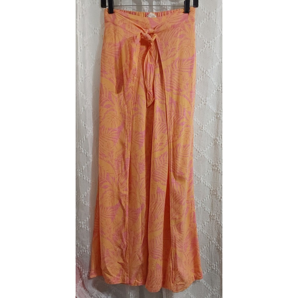 Happily Grey Orange Pink Tropical Palm Print Wrap Front Tie Wide Leg Pants Small